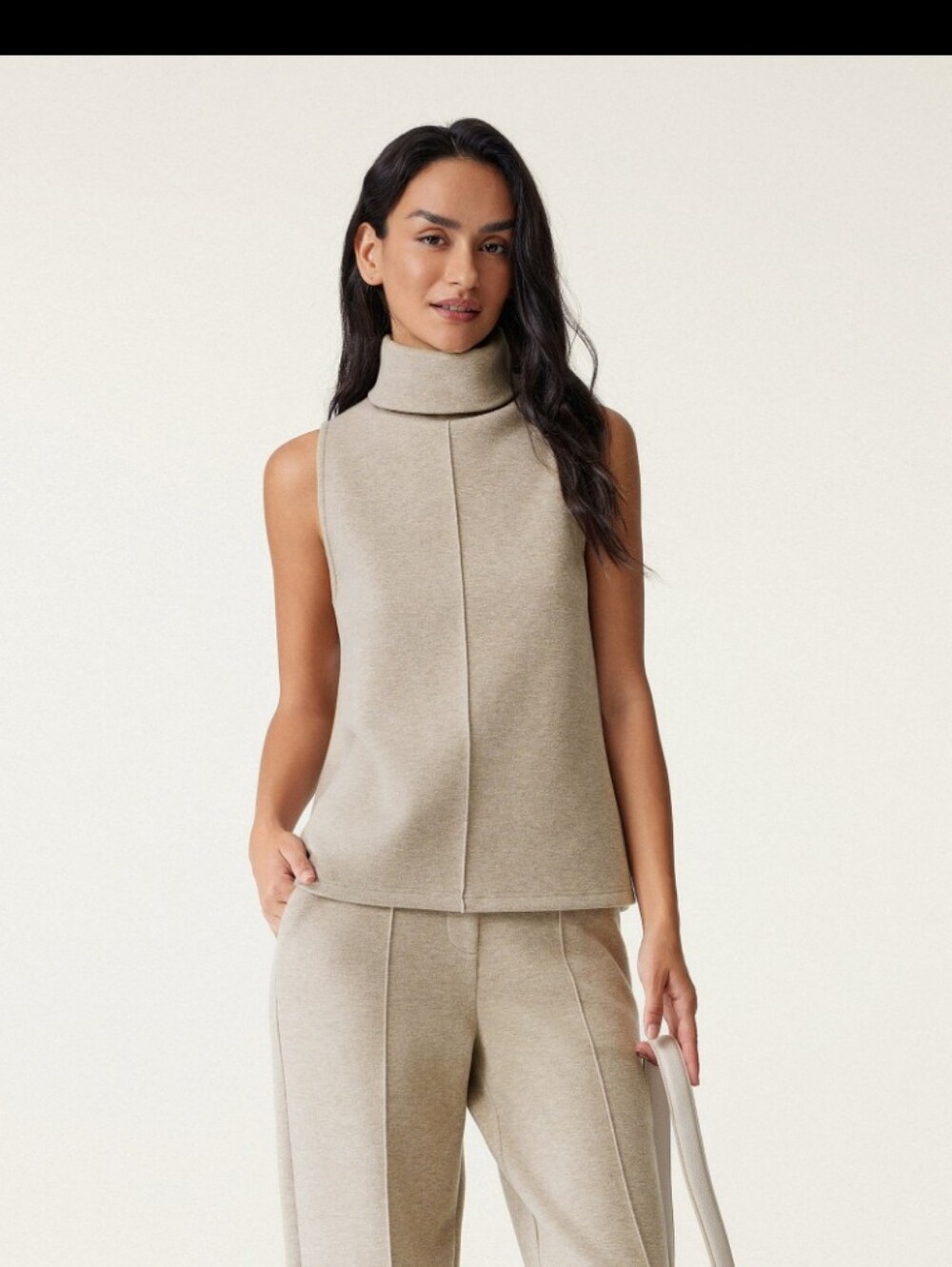 OGL Fuzzluxe Heather Beige Split Top Hem Turtleneck Top Women's Size Small